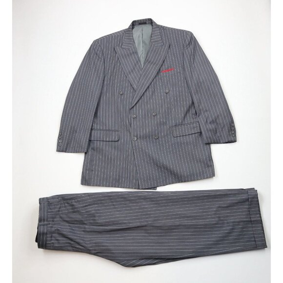 Vintage 90s Streetwear Mens 44R 2 Piece Pinstriped Suit Wedding Gray Pants 36